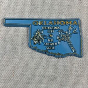 Vintage Oklahoma State Shaped Fridge Magnet Blue Gold Sooner State Souvenir 3D